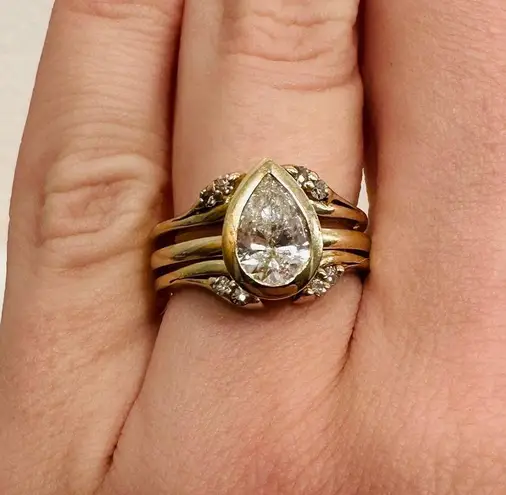 Diamond wedding ring wrap guard! 14K gold vintage style double band!