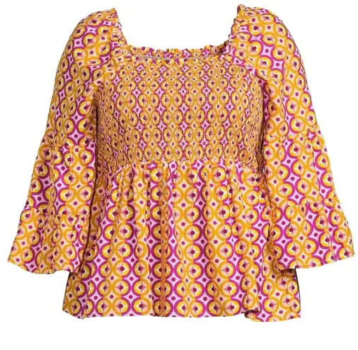 Terra & Sky  Bell Sleeve Smock Top in Retro Geometric Berry Fun Print Sz 3X NWT