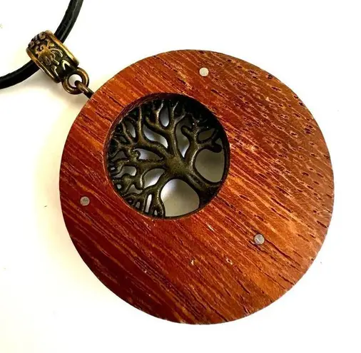 Wood tree of life pendant necklace on cord