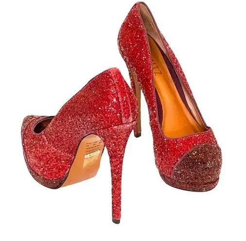 Schutz Stilletos Red Glitter Platform High Heels Lux Glam Party Shoes Size 5B