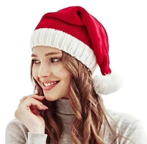 Santa Hat Knit Red and White W/ Pom Pom OS