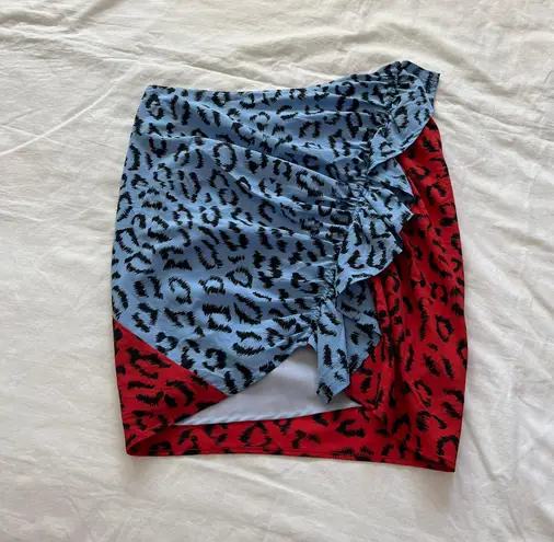 A.L.C. Geller red blue leopard cheetah color block ruffle mini skirt 8