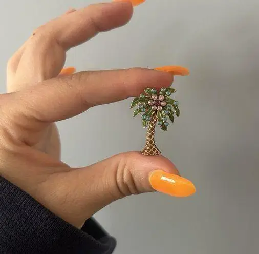 Nina Ricci NR Enamel Rhinestone Palm Tree Color Brooch Pin Signed Vintage Green