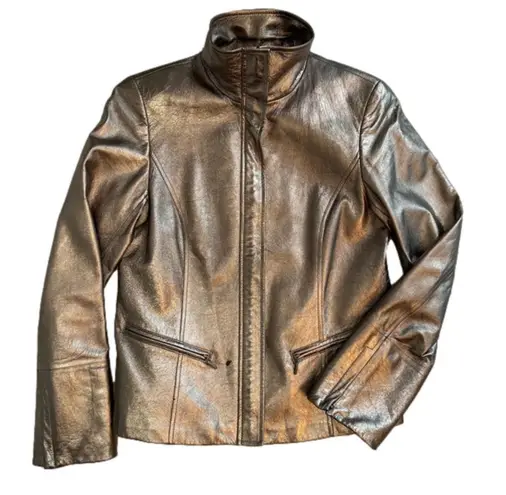 Lafayette 148 metallic burnished gold leather jacket, EUC, flaws as noted, sz 6
