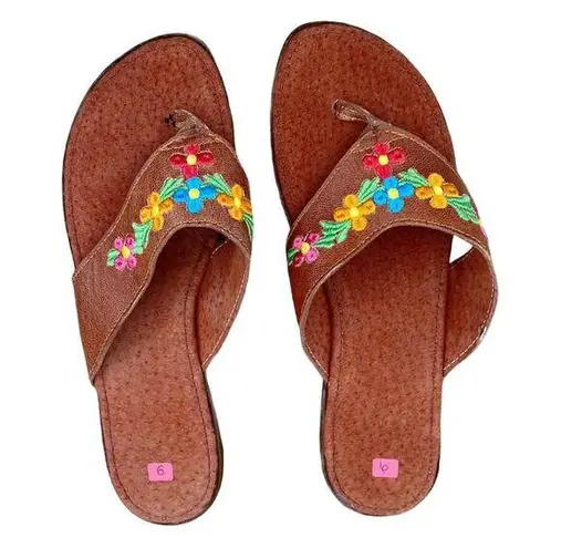 Mexican Sandals Open Toe Wedge Faux Suede Floral Embroidered Brown US 8