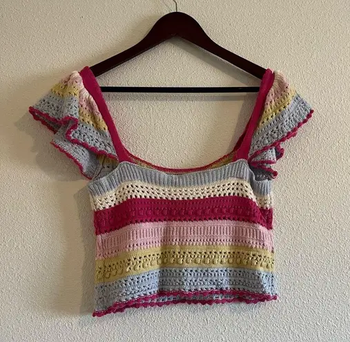 Sincerely Jules Boho Rainbow Stripe Crochet Flutter Sleeve Crop Top Size Small