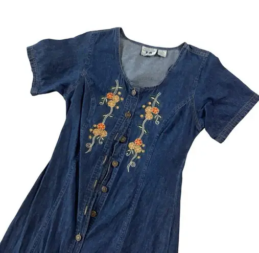 Vintage T&R Denims Maxi Floral Embroidered Denim Dress Blue