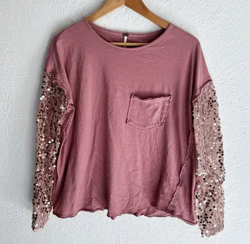 Free People  Celine Sequin Long Sleeve Tee Pink Sz XS Oversized