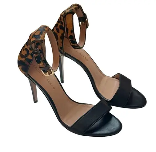 Veronica Beard  Black Leather with Leopard Print Calf Hair Heels with Ankle Strap