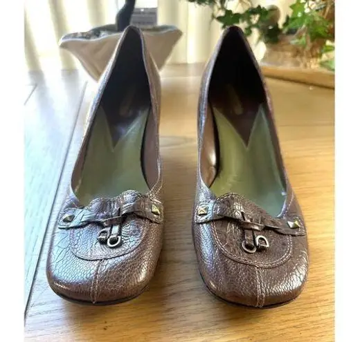 Enzo Angiolini 10 Brown Faux Crocodile Kitten Heel Shoes Buckle Detail EA Flexo