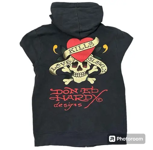 Ed Hardy  Vintage Y2K Black Zip Up Love Kills Graphic Hoodie Size Small