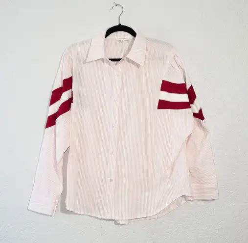 Bucketlist New Pink Pin Stripe Varsity Knit Inset Button Down Shirt Size Medium