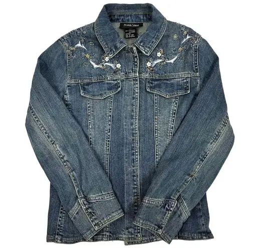Brandon Thomas Womens Jean Denim Trucker Jacket Embellished Floral Size Small Blue