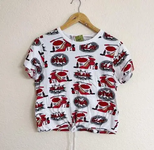 On Fire Red and White Blouse with Vintage Vehicle Print