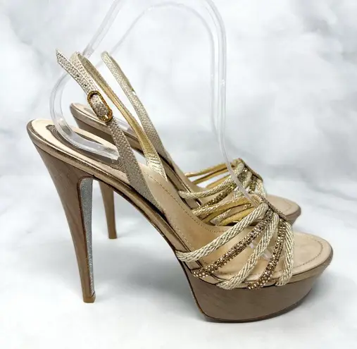 Rene Caovilla Silk Rhinestone Embellished Strappy Slingback Platform Sandal Heel Tan Size 9