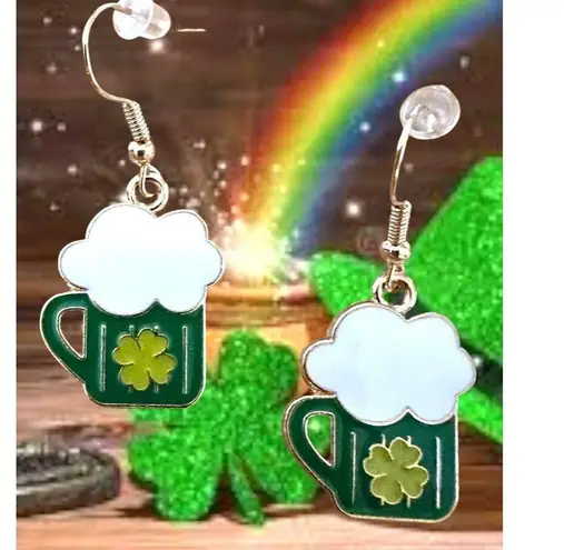 St Patricks Day Earrings Beer Four Leaf Clover Dangle Hooks Parade New F… Gold