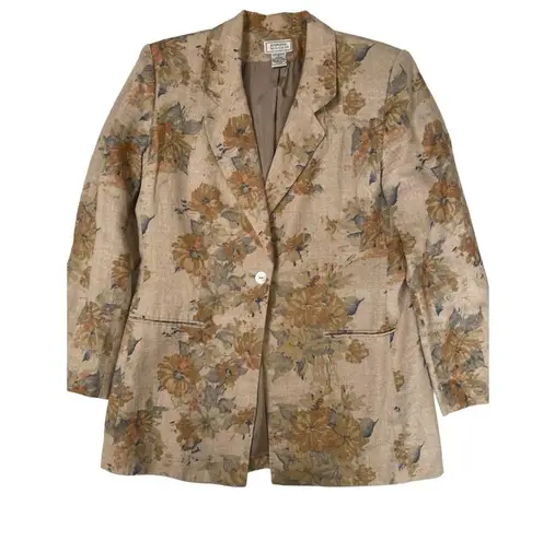 Jennifer Moore VTG  Taupe Floral Watercolor Print  Linen Jacket Blazer Sz…