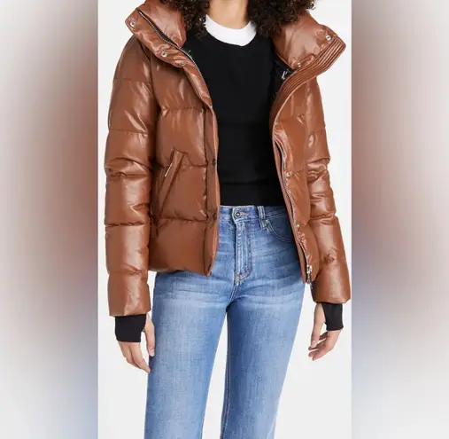 SAM. Isabel Vegan Down Puffer Jacket Faux Leather Stowaway Hood Saddle Brown S