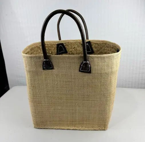 ONIGO Elegant Natural Woven Handmade French Basket Tan Tote Bag Leather Handles
