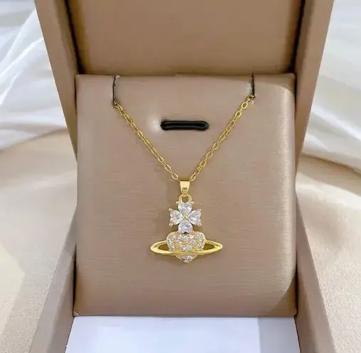 18K Gold Plated Flower Planet Light Luxury Temperament Gorgeous Full Diamond Necklace Multi