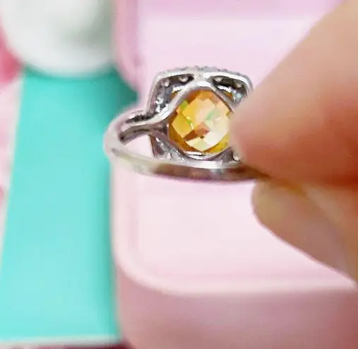 14kt White Gold 2+ Carat Cushion Cut Diamond Halo Citrine Ring Silver Size 6