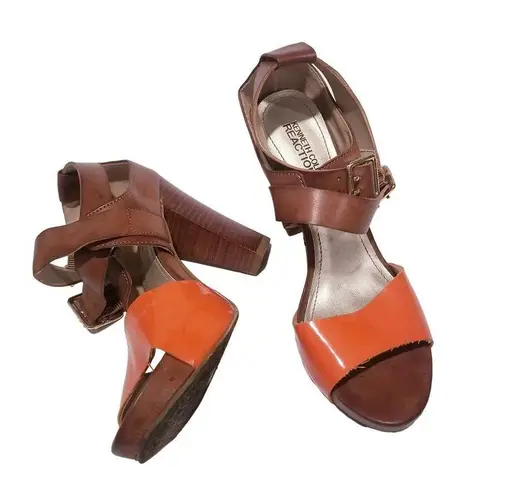 Kenneth Cole Reaction Cool Daze Colorblock Block Heels Strappy Sandals Orange Size 7