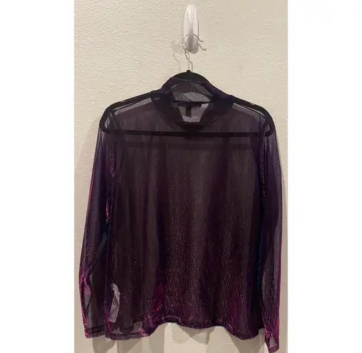 Eloquii Metallic Purple Sheer Mock Neck Long Sleeve Blouse