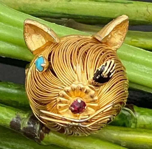 Head Vintage Unsigned Gold-tone Wired Cat CZ Stones Small Cat Brooch