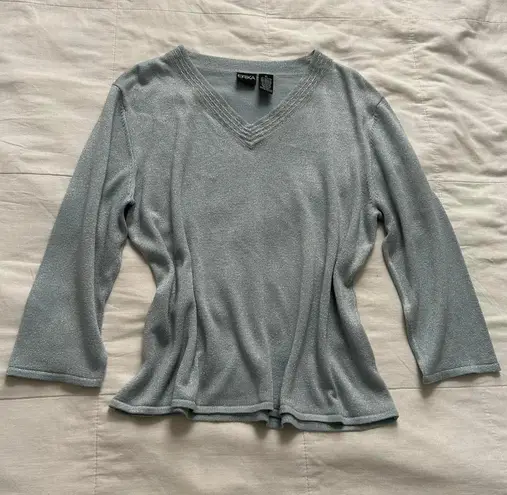 Y2K blue beaded v neck knit sweater top with tinsel shimmer yarns Size XL