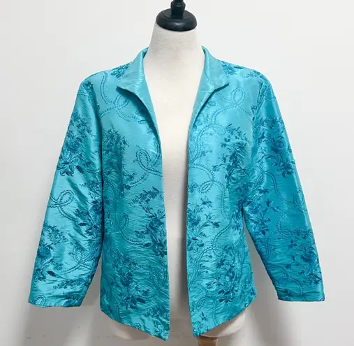 Grace Chuang Turquoise Blue Satin Floral Embroidered Open Front Short Jacket Size L