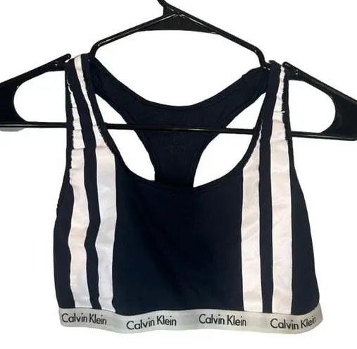 Calvin Klein  Black & White Striped Logo Trim Racerback Sports Bra Women Sz M