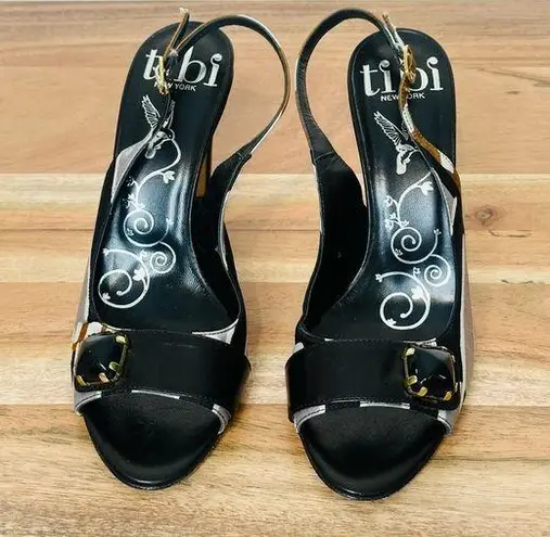 Tibi Black Print Silk Slingback Heels Sandals Shoes Size 6.5