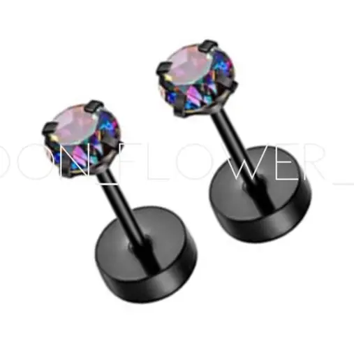 Tiny Black Rainbow CZ Flat Back Earrings