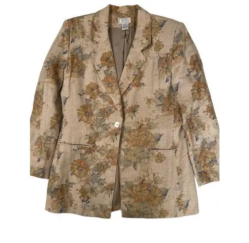 Jennifer Moore VTG  Taupe Floral Watercolor Print  Linen Jacket Blazer Sz…