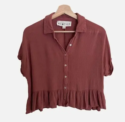 Hiatus  Cropped Button Down Shirt Size M Dolman Sleeve Gauze Ruffle Hem Mauve