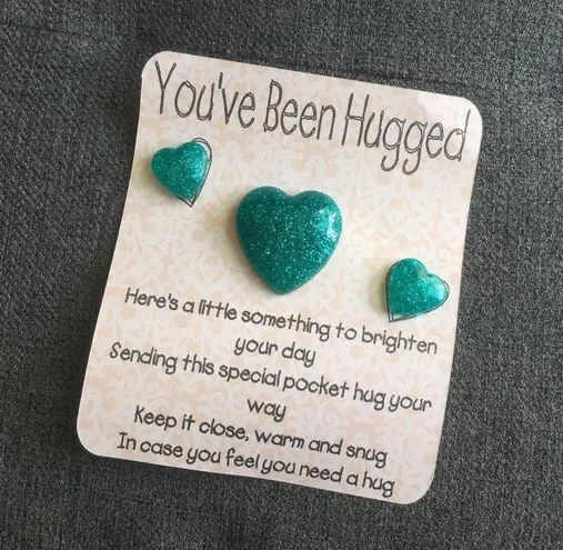 Set/3 “You’ve Been Hugged” Sparkly Talisman Gift Stones, Teal Blue Green