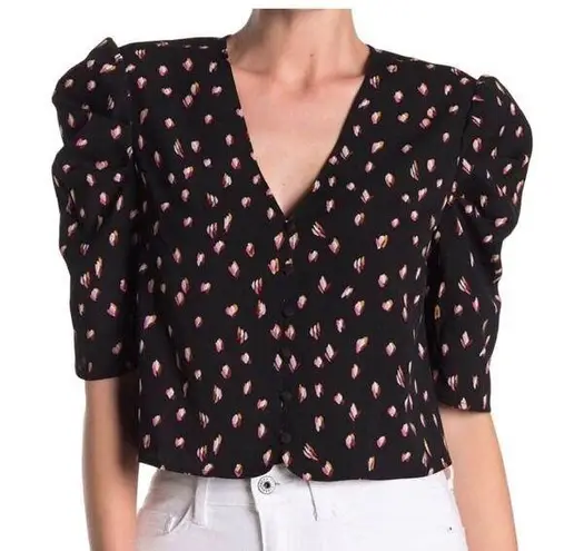 Free Press NEW Size XL Printed Black Cropped Puff Sleeve Top