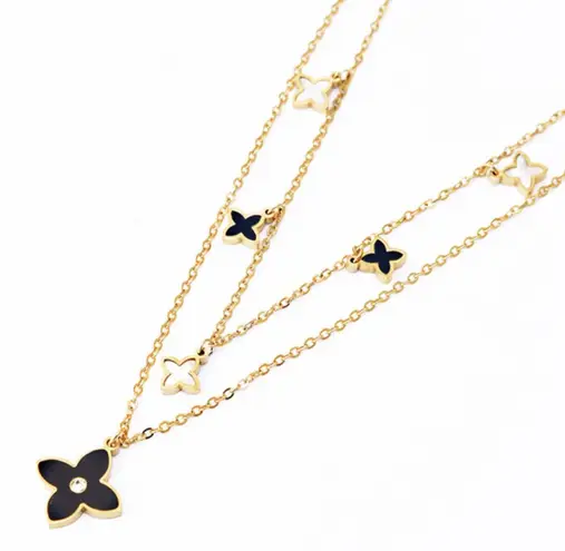 Black And White Clovers Gold Layered Necklace