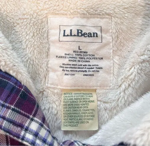 LL Bean Purple Plaid Sherpa Fleece Lined Flannel‎ Shirt Jacket Shacket LARGE