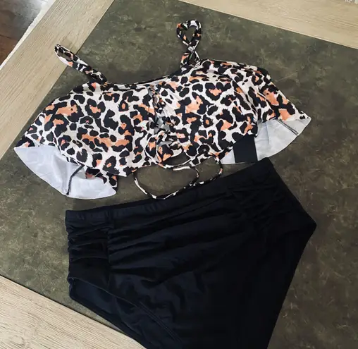 Daci Women Plus Size Ruffle Tummy Control High Waisted Bikini Two Piece Swimsuits Lace up Swimwear Off Shoulder Bathing Suit