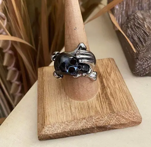 Black Skull In Hand IP Black Stainless Steel Ring With Epoxy Size 10
