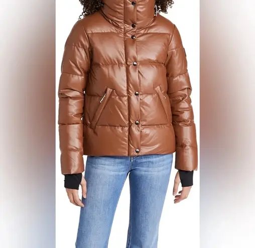 SAM. Isabel Vegan Down Puffer Jacket Faux Leather Stowaway Hood Saddle Brown S