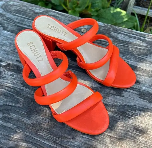 Schutz New Olly Mid Block Nappa Bright Orange Leather Sandal size 5.5
