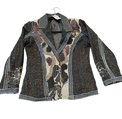 Travelsmith Womens Jacket Size M Blazer Black Multi Tweed Floral Embellished Size M