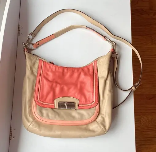 Coach  KRISTIN SPECTATOR LEATHER HOBO BAG PURSE-F22509 CORAL TAN POCKETS