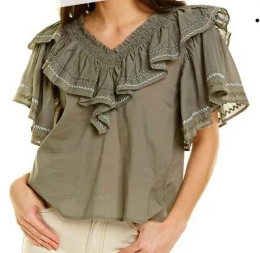 Something Navy  Woman’s Felix Ruffle Top Size Small Olive Green