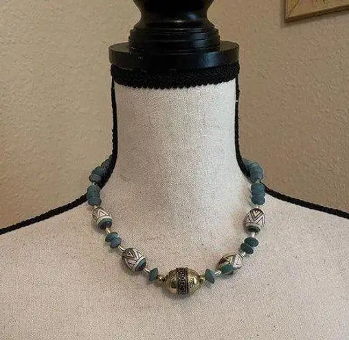 Women’s Necklace Handmade Easter Egg Wood Beads Blue / Gold Tone