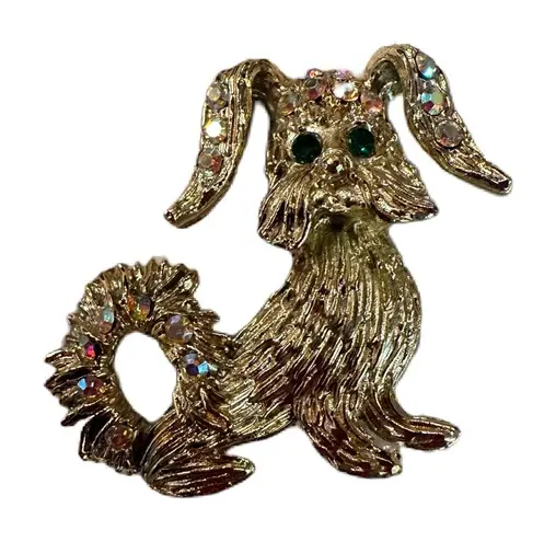 Vintage Multicolored Rhinestones Gold Tone Puppy Dog Lapel Pin Brooch