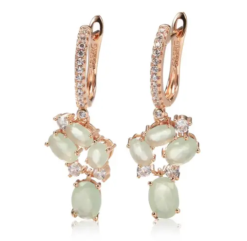 Exquisite light sage green cubic zirconia rose gold dangle earrings NIB