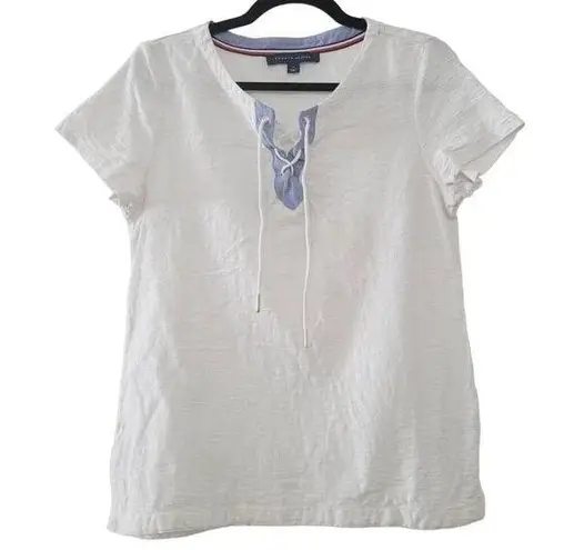 Tommy Hilfiger  Womens White Short Sleeve Nautical Lace Up Shirt Size M